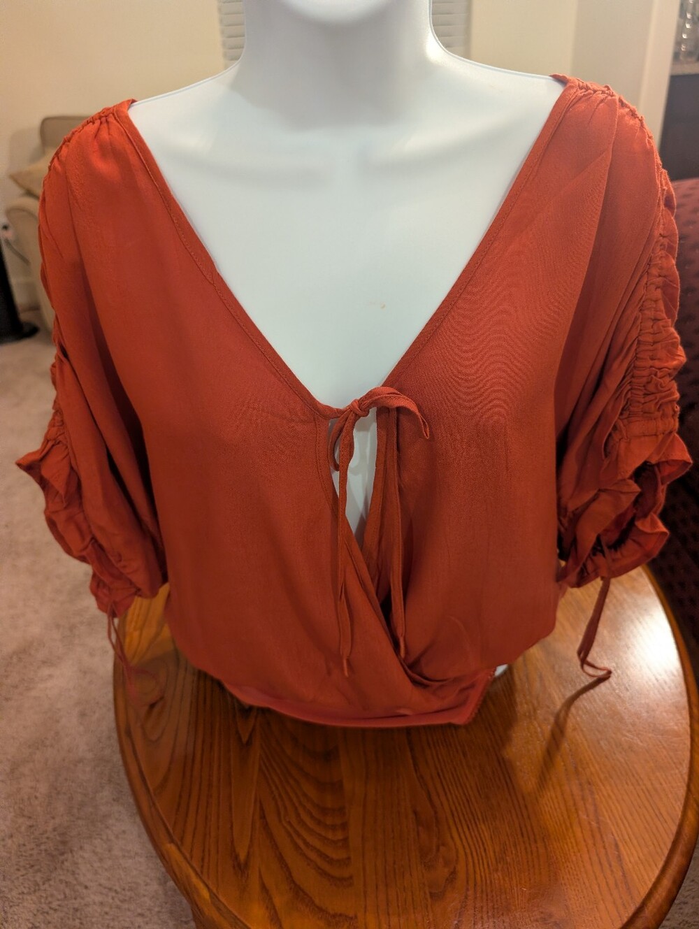 Free People Rust Tie-Front V-Neck Thong Bodysuit with Ruched Sleeves, Size XS